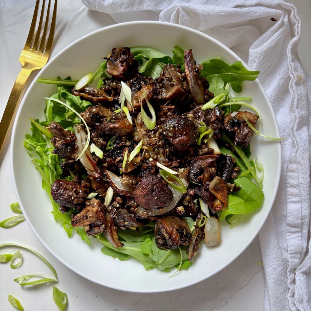 Miso Butter Mushrooms with Crispy Lentils